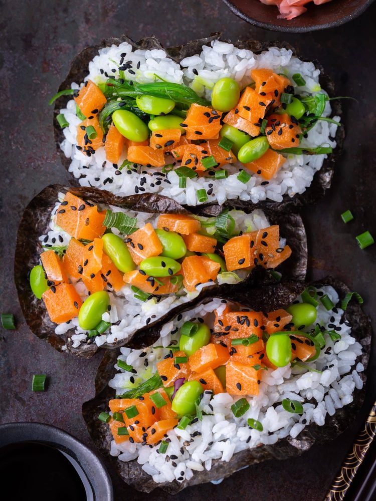 vegan sushi tacos with plant based salmon wakame 2022 03 29 07 14 37 utc